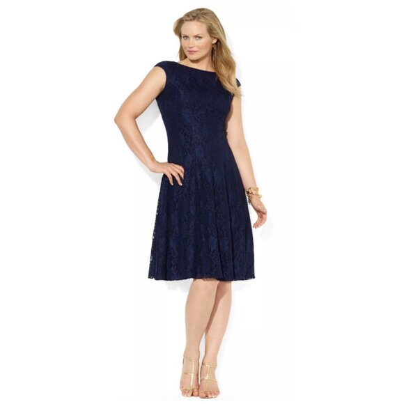 Lauren Ralph Lauren Dresses & Skirts - Lauren Ralph Lauren Navy Lace Evening Dress Midi Cap Short Sleeve Waist Size 18